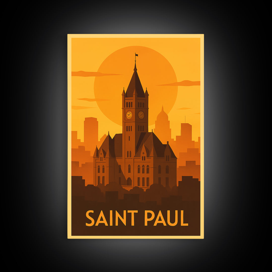 Saint Paul Travel Poster, Framed Canvas Print, Warm Sunset Silhouette Art, Saint Paul City Art, Travel Poster Set, Travel Poster Art
