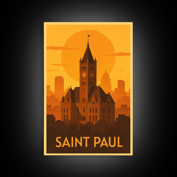 Saint Paul Travel Poster, Framed Canvas Print, Warm Sunset Silhouette Art, Saint Paul City Art, Travel Poster Set, Travel Poster Art