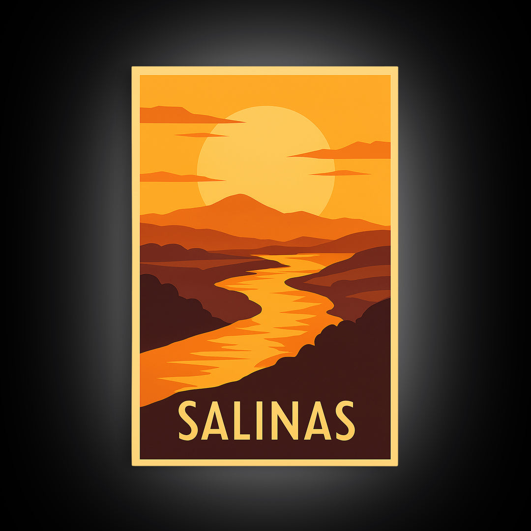 Salinas Travel Poster, Framed Canvas Print, Golden Travel Poster Art, Salinas Poster Print, City Illustration, Vintage City Art