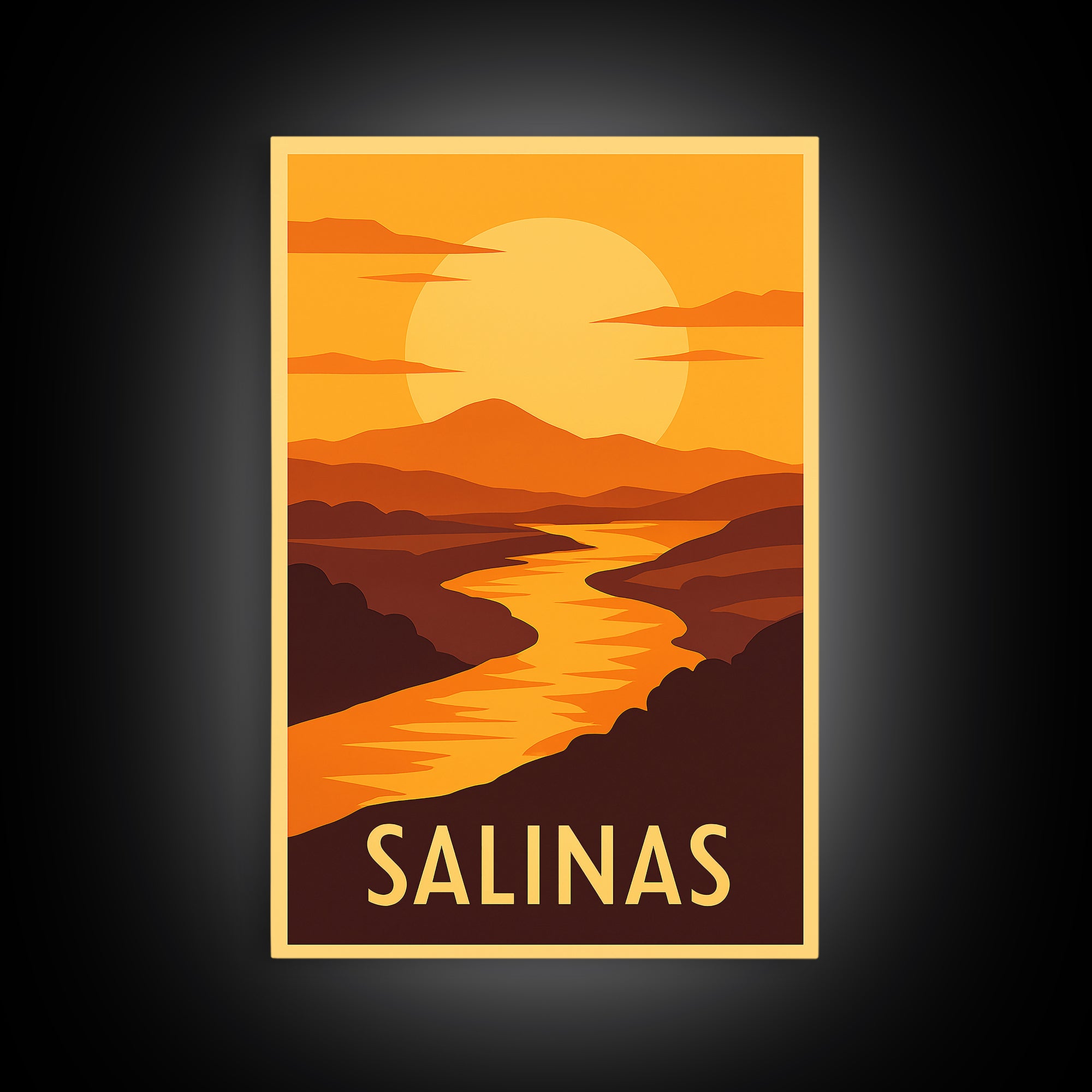 Salinas Travel Poster, Framed Canvas Print, Golden Travel Poster Art, Salinas Poster Print, City Illustration, Vintage City Art