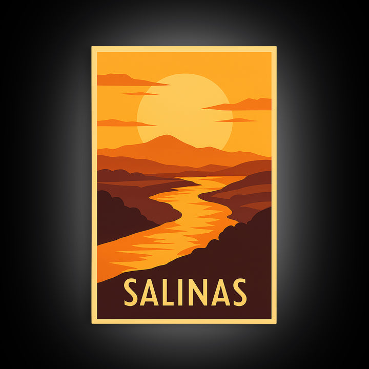 Salinas Travel Poster, Framed Canvas Print, Golden Travel Poster Art, Salinas Poster Print, City Illustration, Vintage City Art
