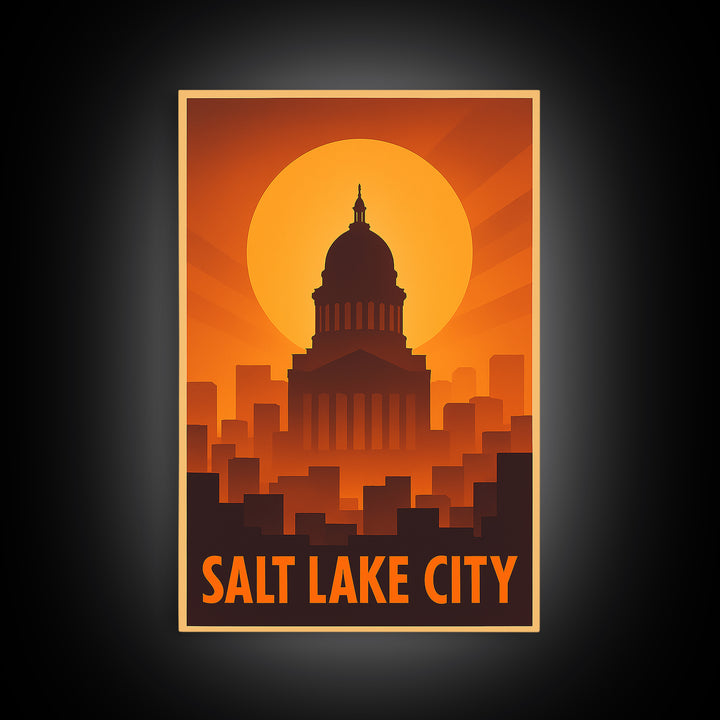 Salt Lake City Travel Poster, Framed Canvas Print, Warm Sunset Silhouette Art, Salt Lake City Travel Art, Home Office Decor, City Poster