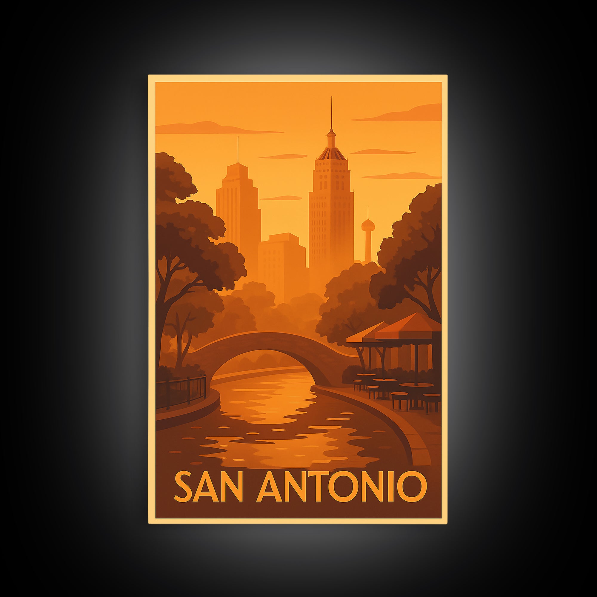 San Antonio Travel Poster, Canvas Print, Warm Sunset Silhouette Art, San Antonio Art Print, Modern Wall Decor, Travel Poster Set