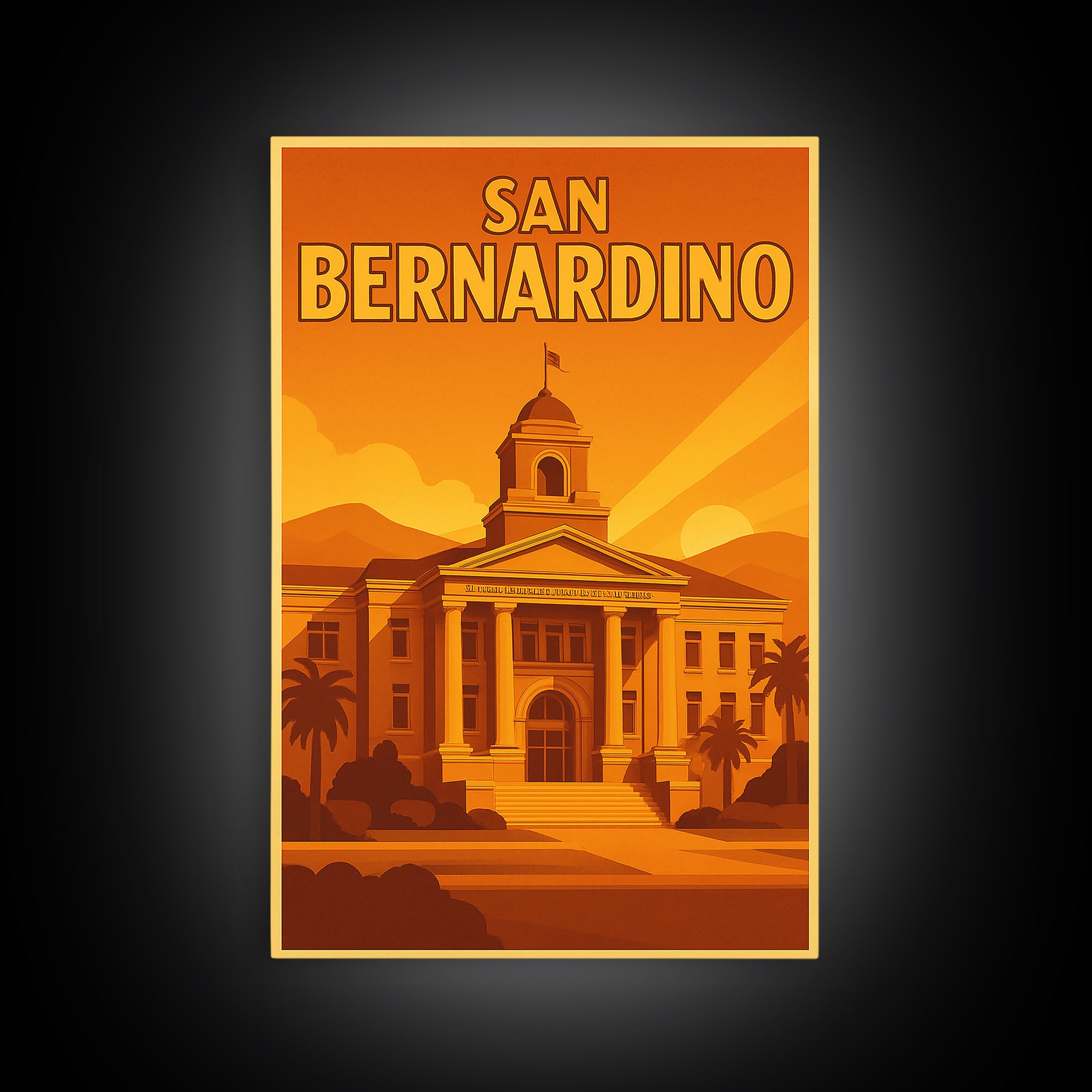 San Bernardino California Travel Poster, Canvas Print, Warm Sunset Silhouette Art, San Bernardino Wall Art, Vintage City Art