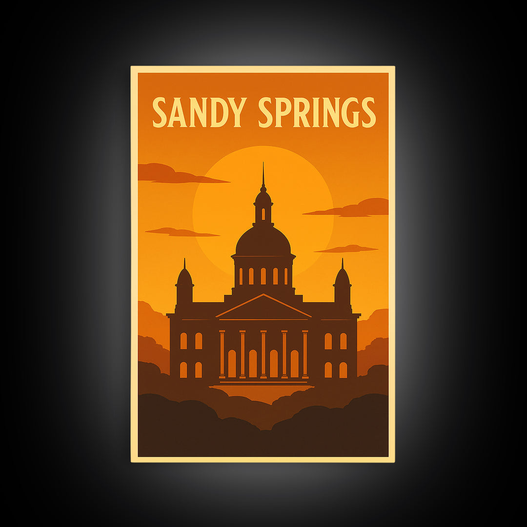 Sandy Springs Georgia Travel Poster, Canvas Print, Warm Sunset Silhouette Art, Sandy Springs Wall Art, Travel Poster Set, City Poster
