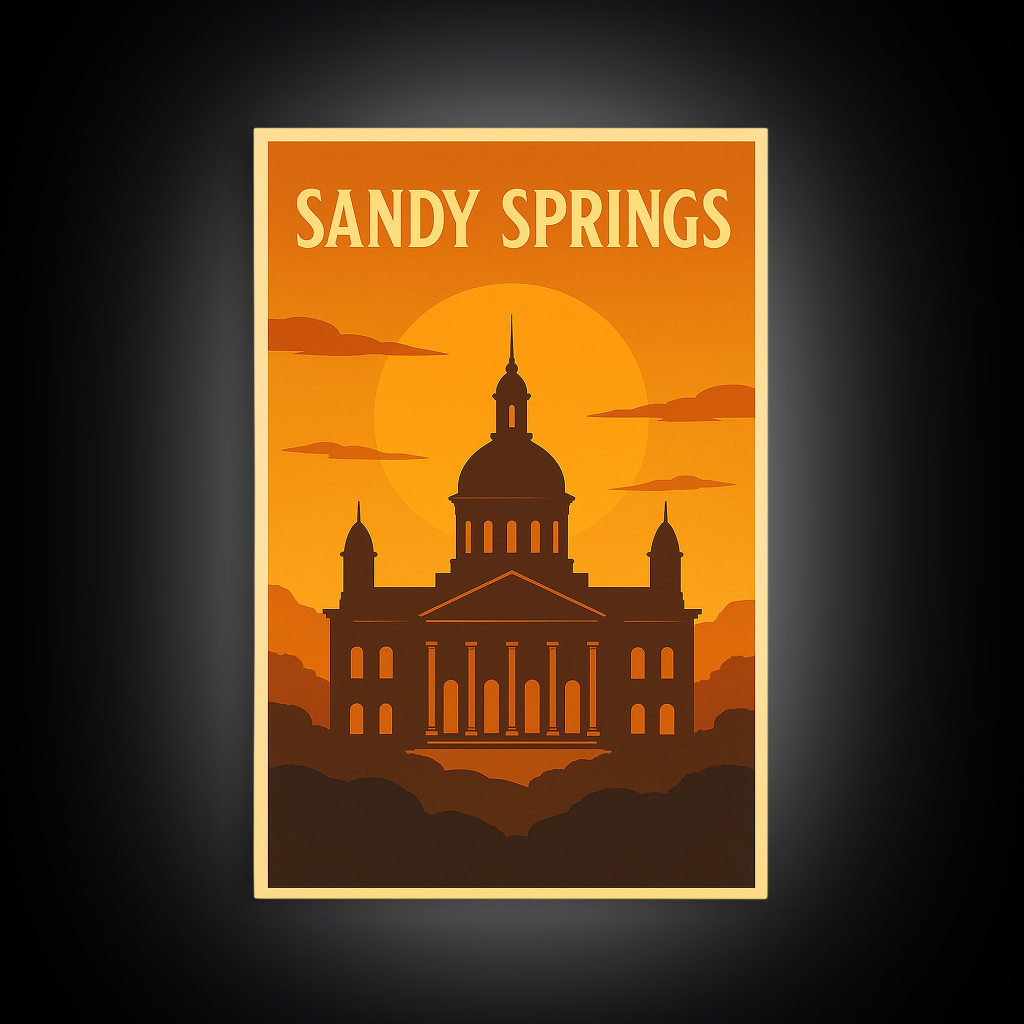 Sandy Springs Georgia Travel Poster, Canvas Print, Warm Sunset Silhouette Art, Sandy Springs Wall Art, Travel Poster Set, City Poster