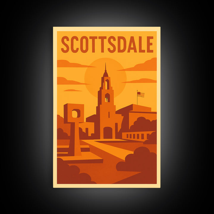 Scottsdale Arizona Travel Poster, Canvas Print, Warm Sunset Silhouette Art, Scottsdale Art Print, Mid Century Wall Art, Vintage Travel Print