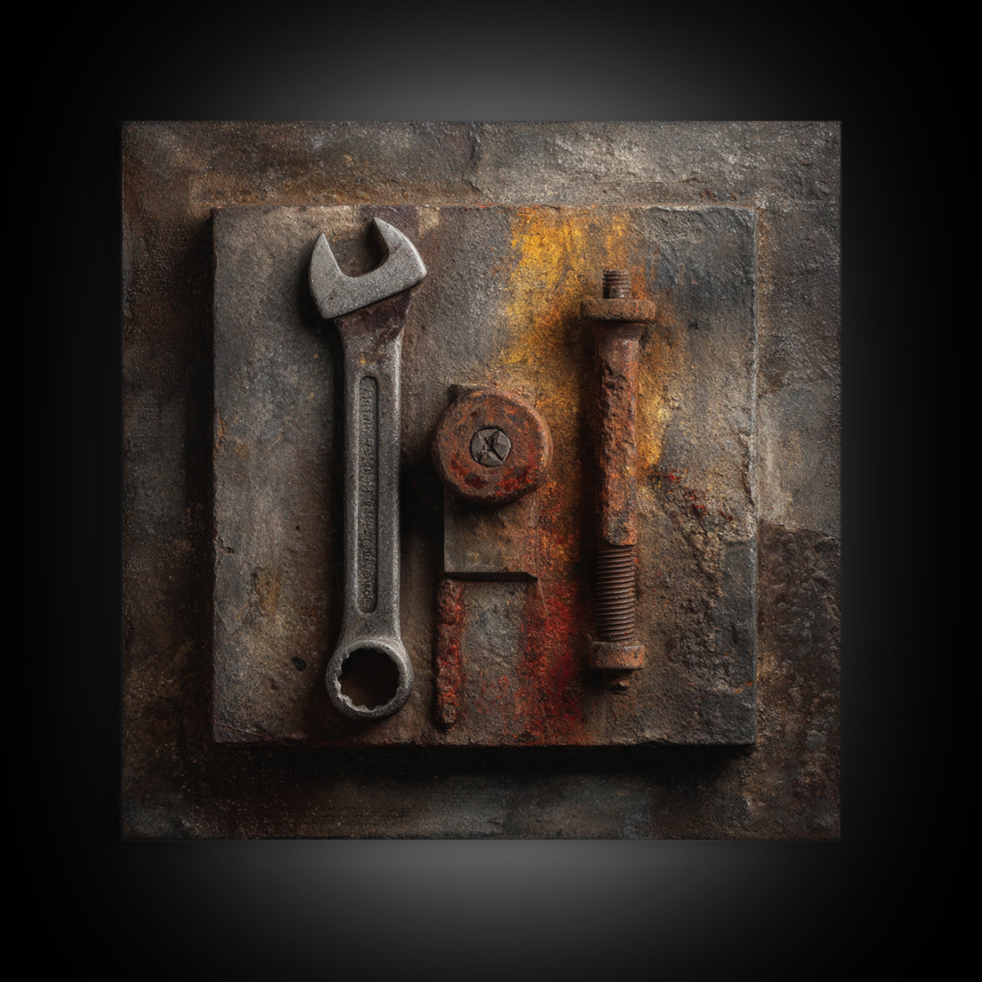 Wrench and Bolts Arranged Like Old Master Canvas Print, Garage Art, Car Wall Art, Garage Decor, Motor, Fathers Day Art, GAR-1x1-18