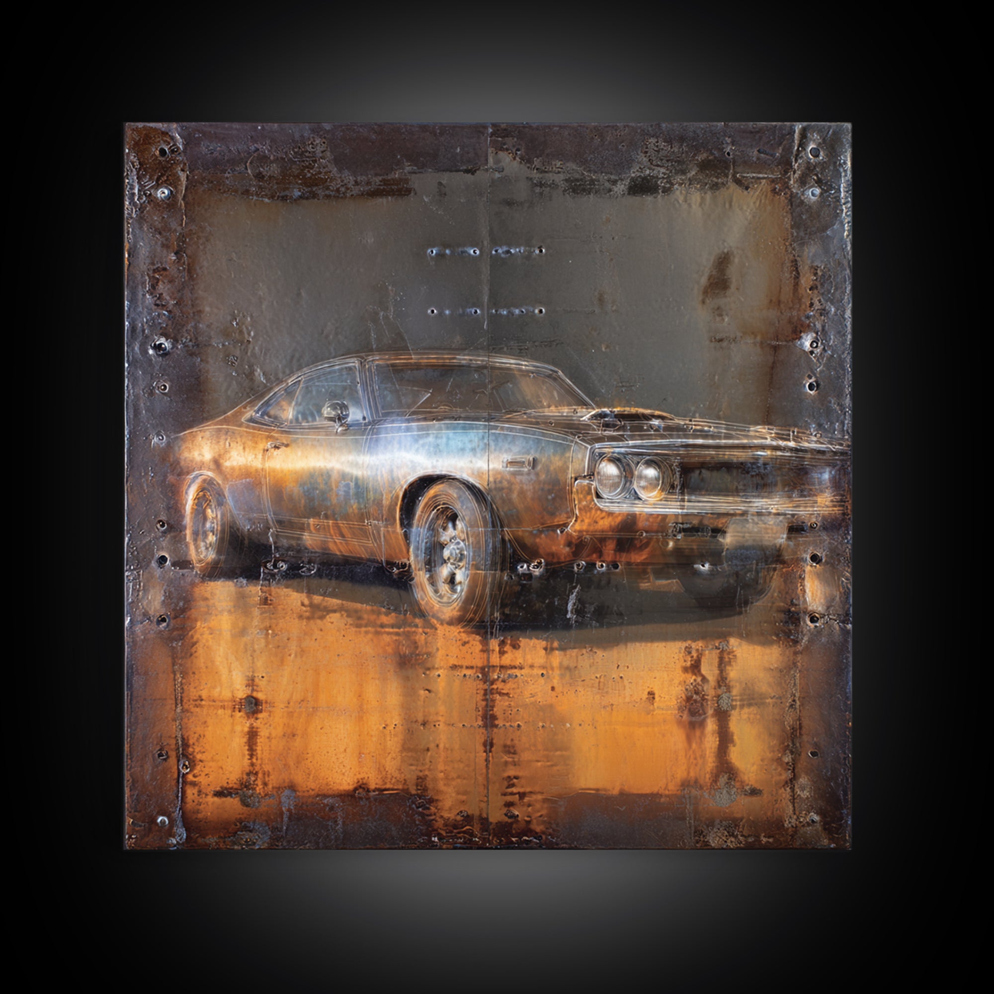 Desert Highway with Muscle Car Silhouette Framed Canvas Print, Garage Art, Garage Decor, Oil Painting, Motor, Art Print, GAR-1x1-21