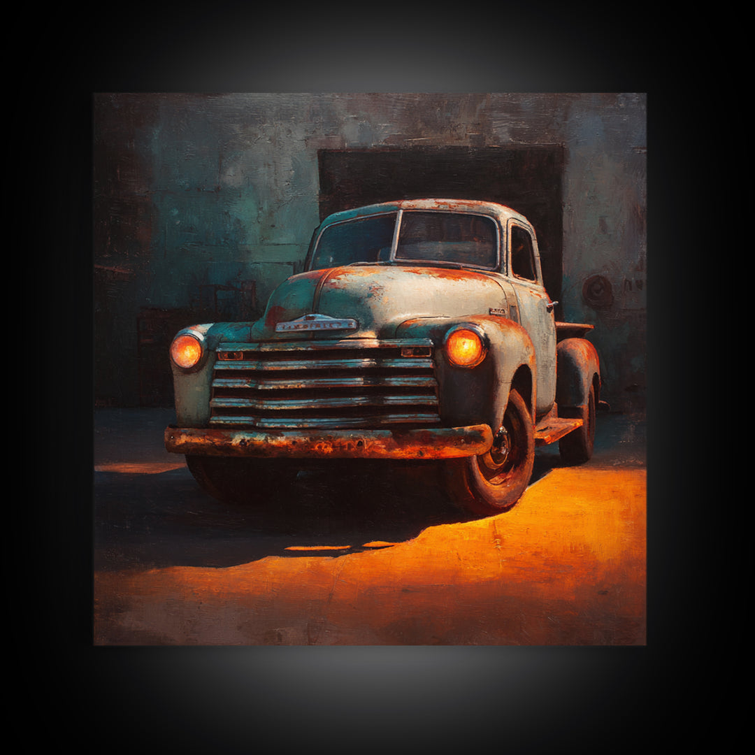 Pickup Truck in Dusty Sunset Light Framed Canvas Print, Garage Art, Tattoo Art, Garage Decor, Oil Painting, Motor, GAR-1x1-37