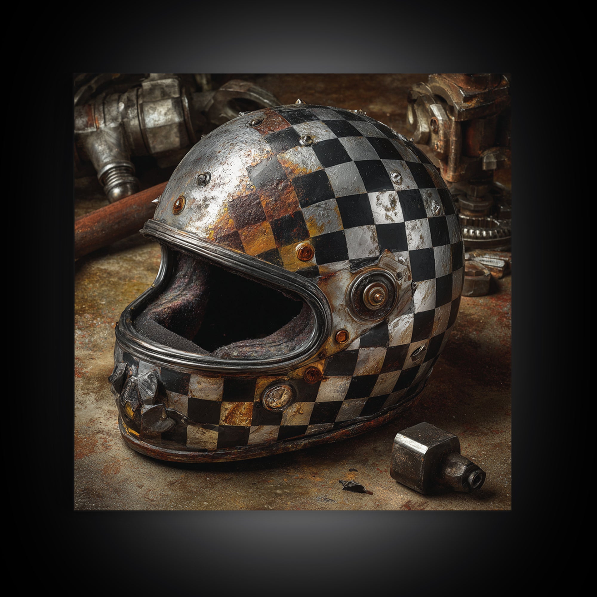 Racing Helmet with Checkered Flag Pattern Framed Canvas Print, Garage Art, Garage Art Pinup, Garage Decor, Fine Art, Motor, GAR-1x1-68