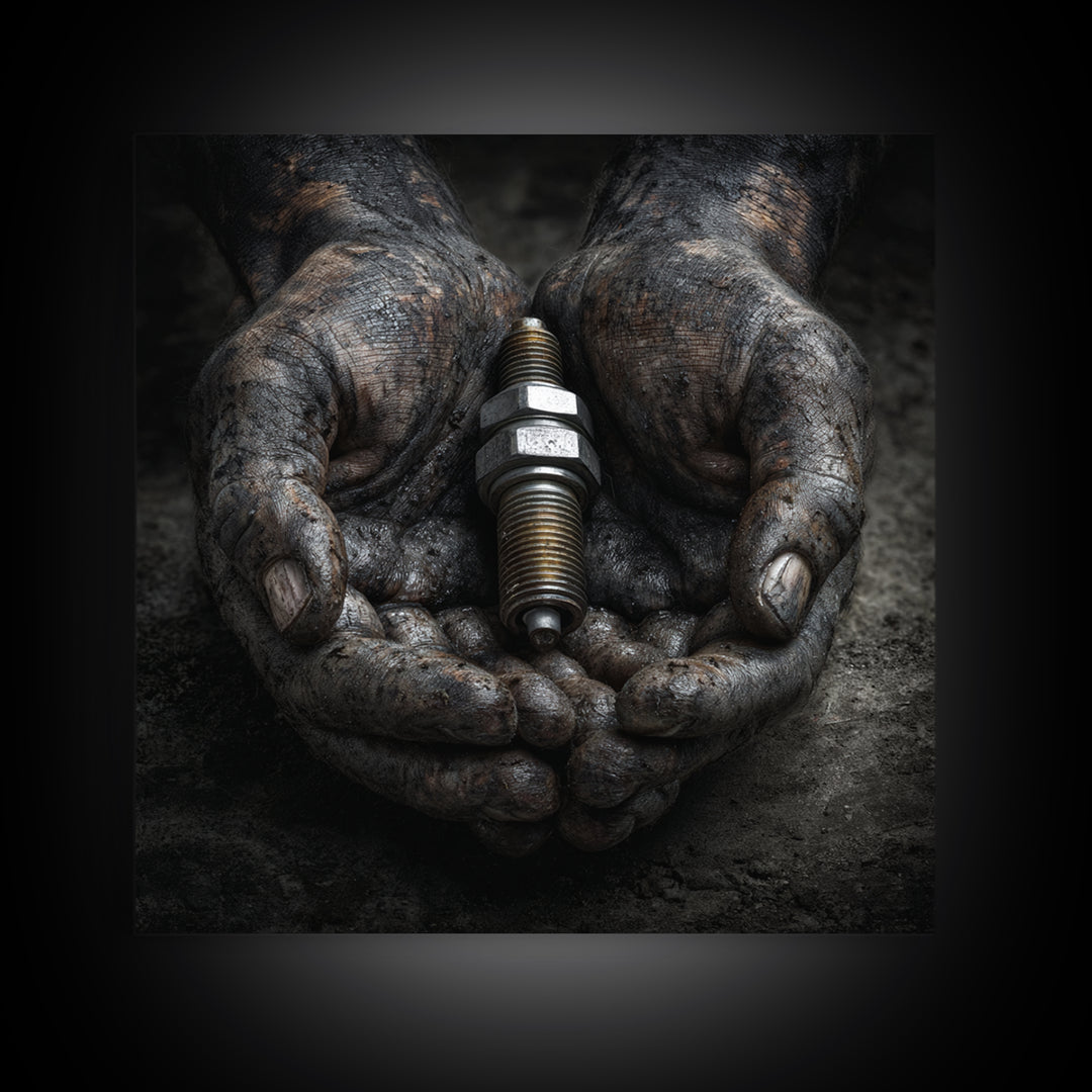Mechanic Hands Holding a Spark Plug Framed Canvas Print, Garage Art, Gallery Decor, Garage Decor, Fine Art, Motor, GAR-1x1-78