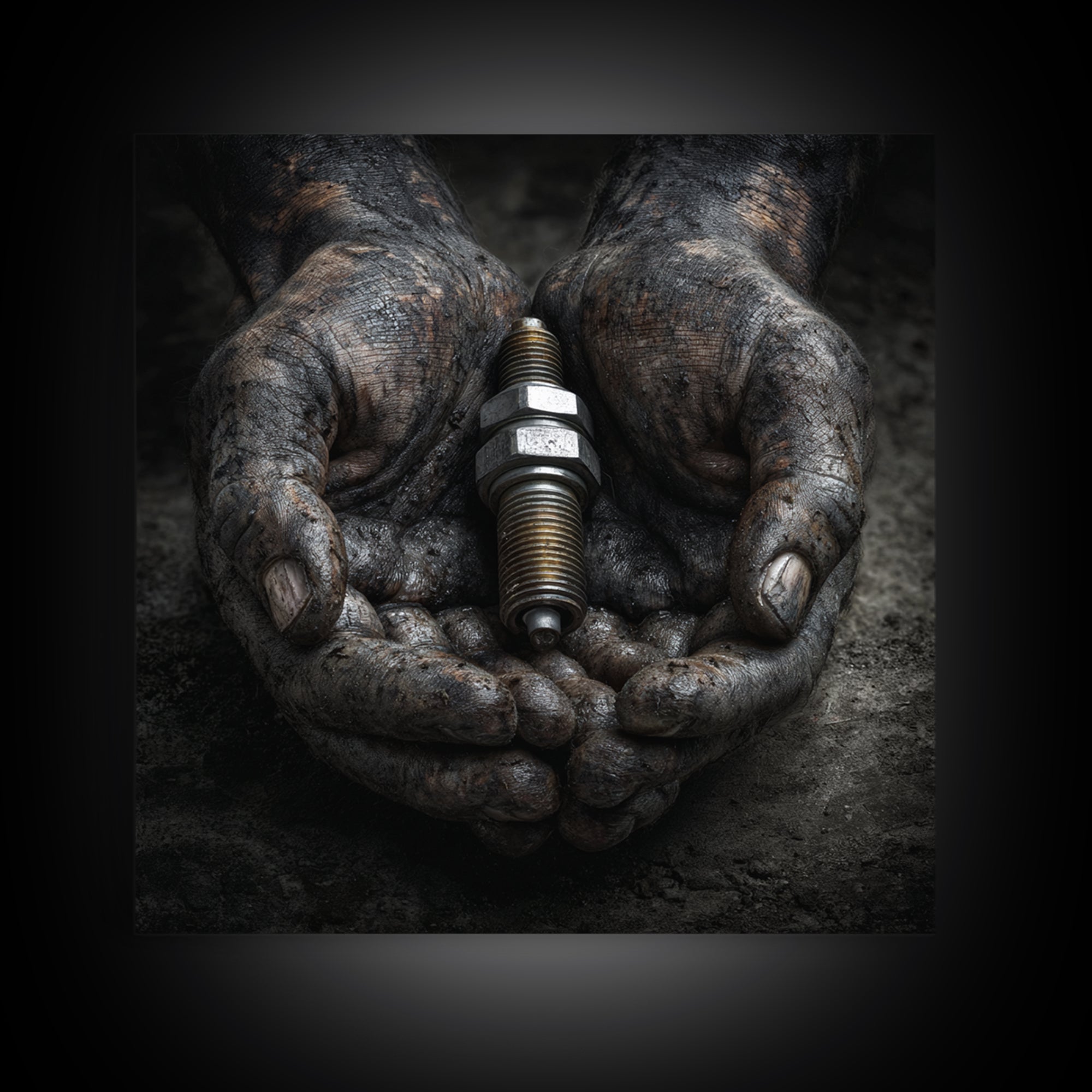 Mechanic Hands Holding a Spark Plug Framed Canvas Print, Garage Art, Gallery Decor, Garage Decor, Fine Art, Motor, GAR-1x1-78