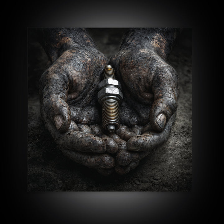 Mechanic Hands Holding a Spark Plug Framed Canvas Print, Garage Art, Gallery Decor, Garage Decor, Fine Art, Motor, GAR-1x1-78