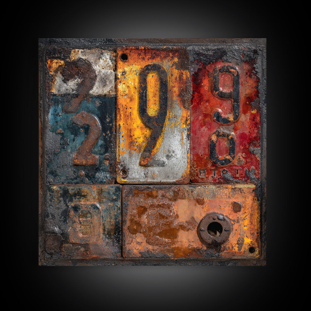 Rusty License Plate Collage Framed Canvas Print, Garage Art, Modern Decor, Garage Decor, Fine Art, Motor, Home Decor, GAR-1x1-80
