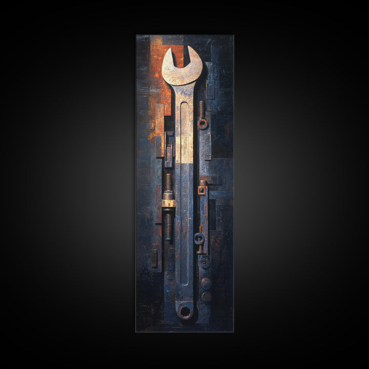 Wrench and Bolts Arranged Like Old Master Framed Canvas Print, Garage Art, Automotive Decor, Garage Decor, Oil Painting, Motor, GAR-1x3-54