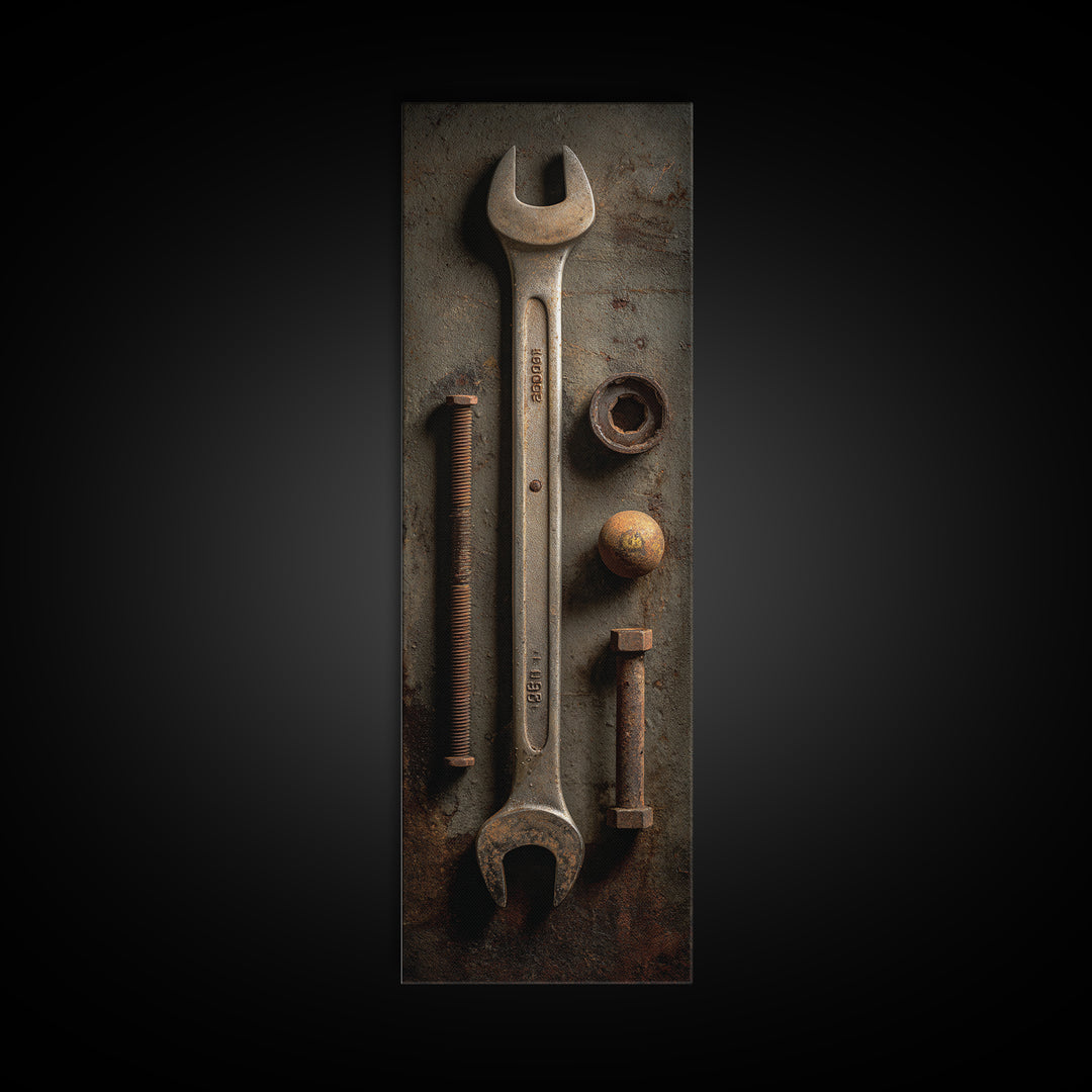 Wrench and Bolts Arranged Like Old Master Canvas Print, Garage Art, Tattoo Art, Garage Decor, Fine Art, Motor, Minimalist Decor, GAR-1x3-78