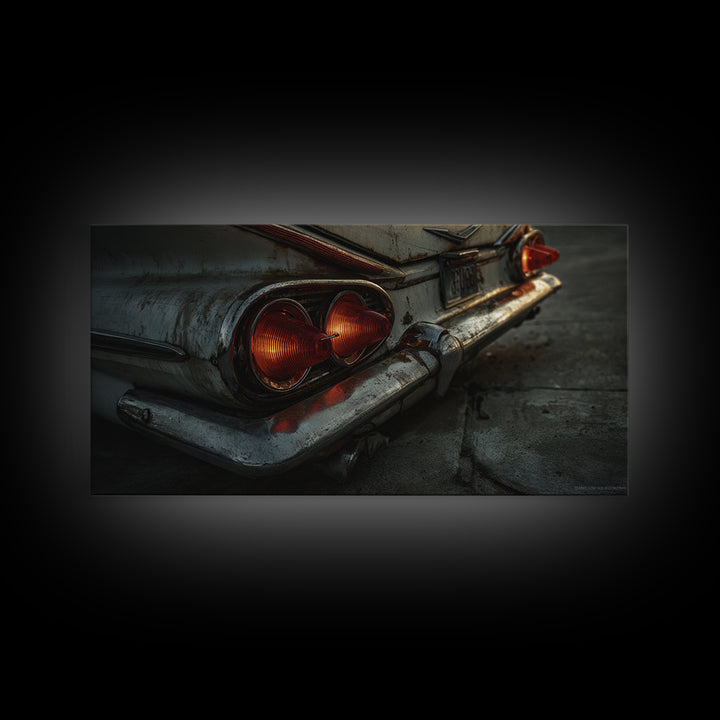 Classic Car Tail Lights Glowing at Dusk Framed Canvas Print, Garage Art, Art Print, Garage Decor, Motor, Canvas Wall Art, GAR-2x1-12