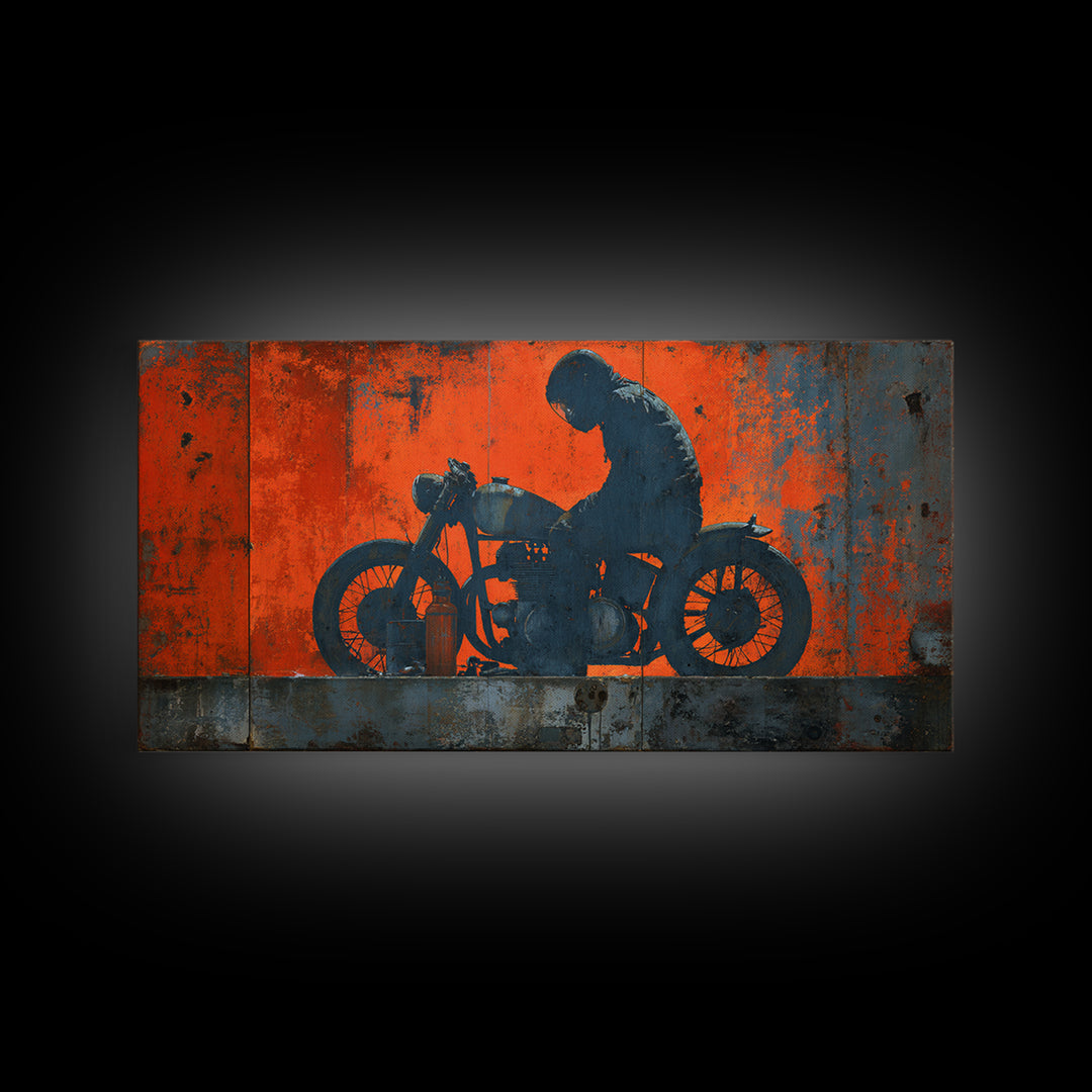 Motorcycle Rider Silhouette Framed Canvas Print, Garage Art, Statement Artwork, Garage Decor, Fine Art, Motor, Wall Decor, GAR-2x1-20