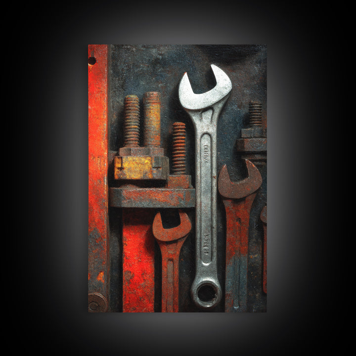 Wrench and Bolts Arranged Like Old Master Framed Canvas Print, Garage Art, Boho Decor, Garage Decor, Abstract Art, Motor, GAR-2x3-2