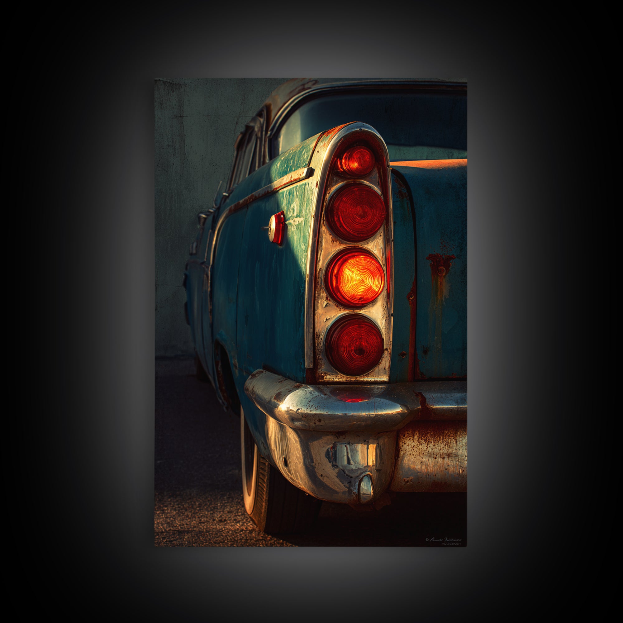 Classic Car Tail Lights Glowing at Dusk Framed Canvas Print, Garage Art, Automotive Decor, Garage Decor, Fine Art, Motor, GAR-2x3-24