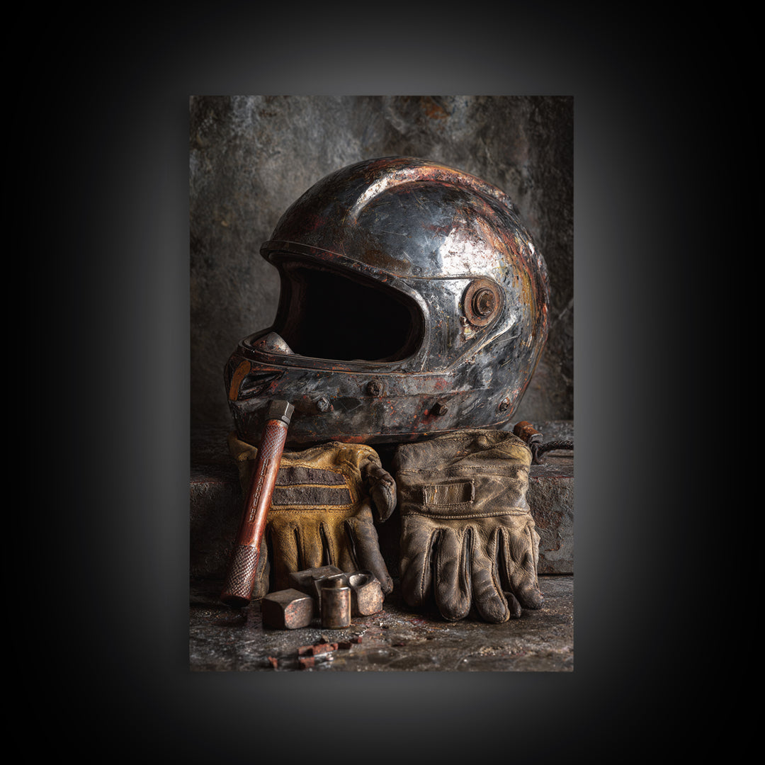 Motorcycle Helmet and Leather Gloves Still Life Framed Canvas Print, Garage Art, Decor, Garage Decor, Abstract Art, Motor, GAR-2x3-41
