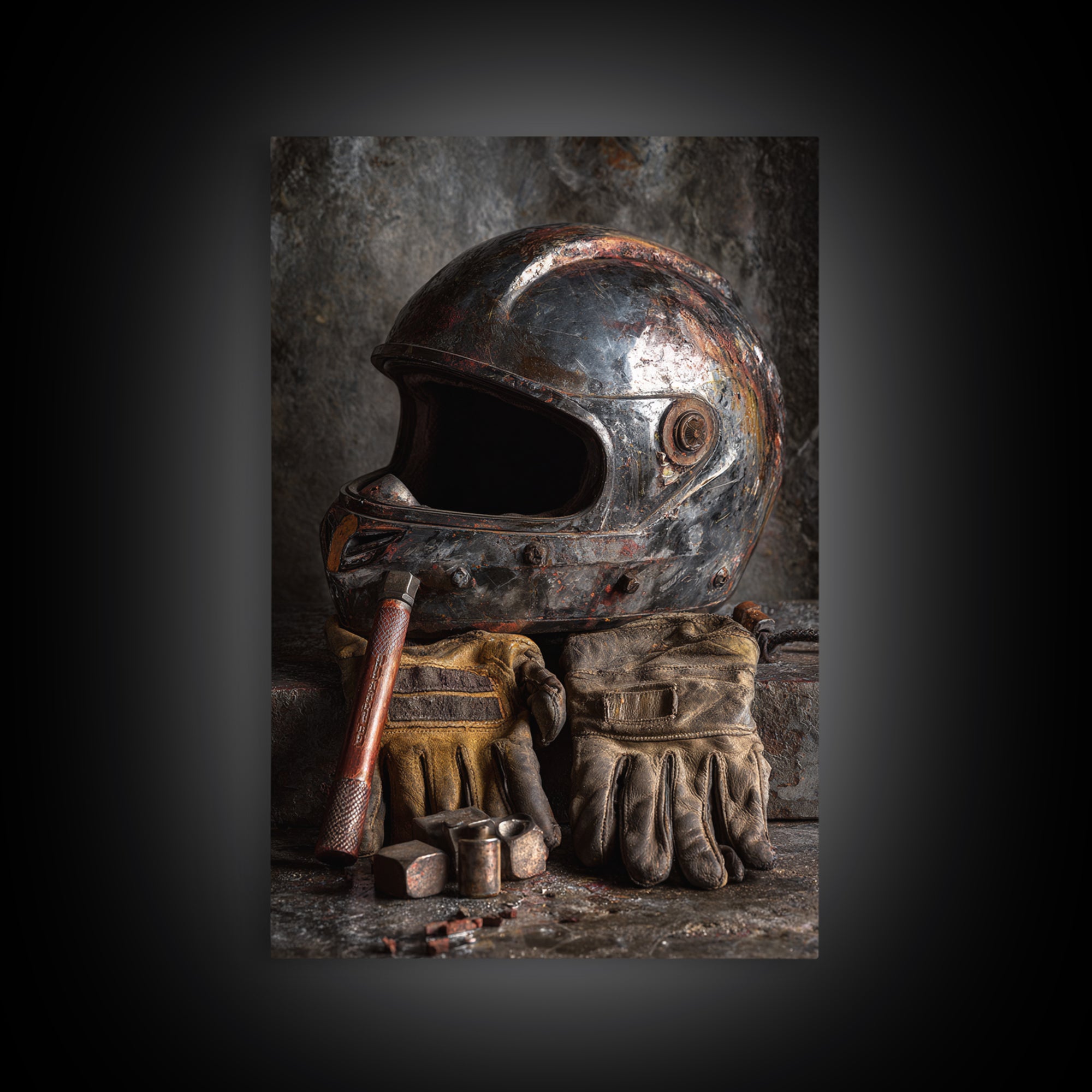 Motorcycle Helmet and Leather Gloves Still Life Framed Canvas Print, Garage Art, Decor, Garage Decor, Abstract Art, Motor, GAR-2x3-41