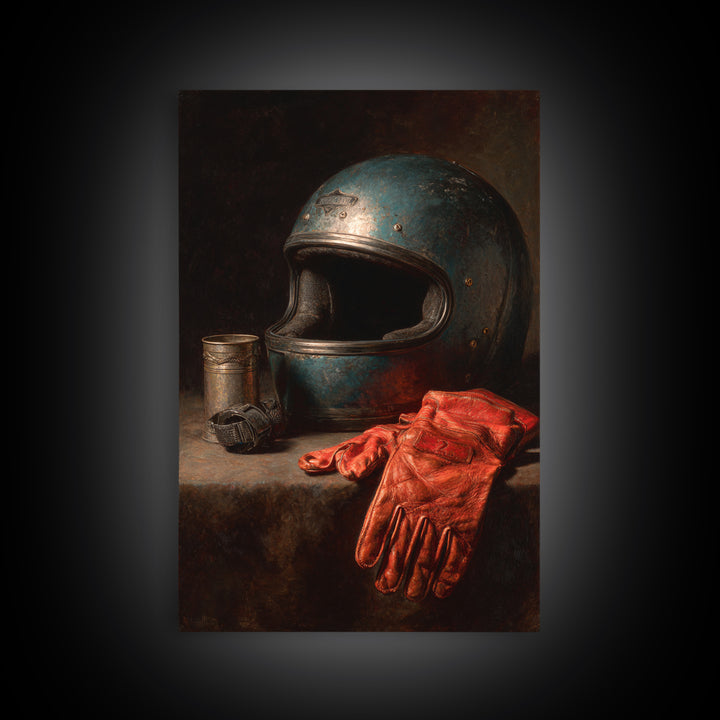 Motorcycle Helmet and Leather Gloves Still Life Canvas Print, Garage Art, Canvas Print, Garage Decor, Fine Art, Motor, GAR-2x3-65