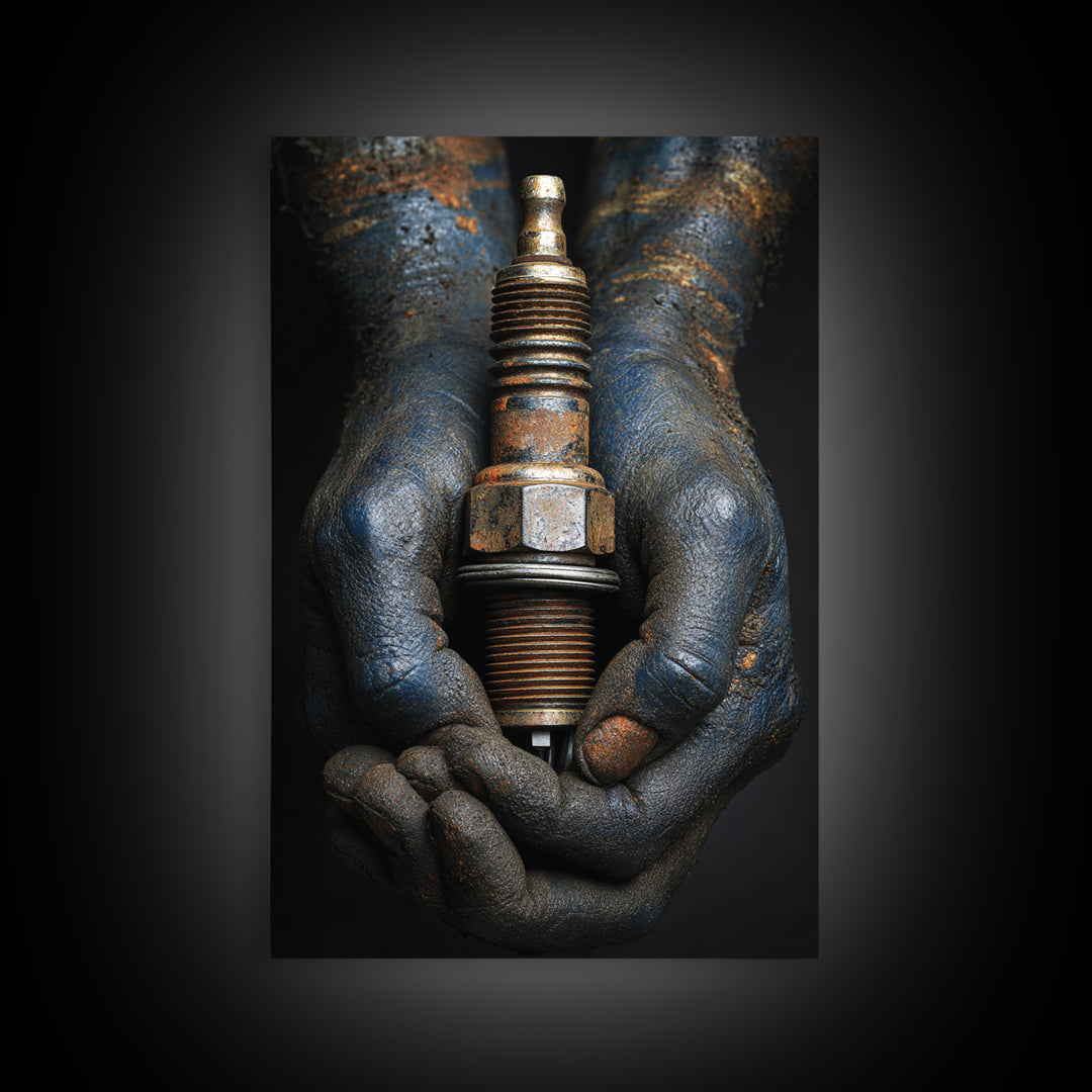 Mechanic Hands Holding a Spark Plug Canvas Print, Garage Art, Garage Decor, Abstract Art, Motor, Game Room Decor, GAR-2x3-86