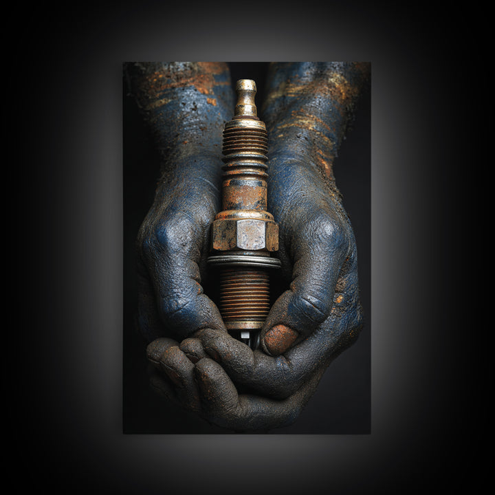 Mechanic Hands Holding a Spark Plug Canvas Print, Garage Art, Garage Decor, Abstract Art, Motor, Game Room Decor, GAR-2x3-86