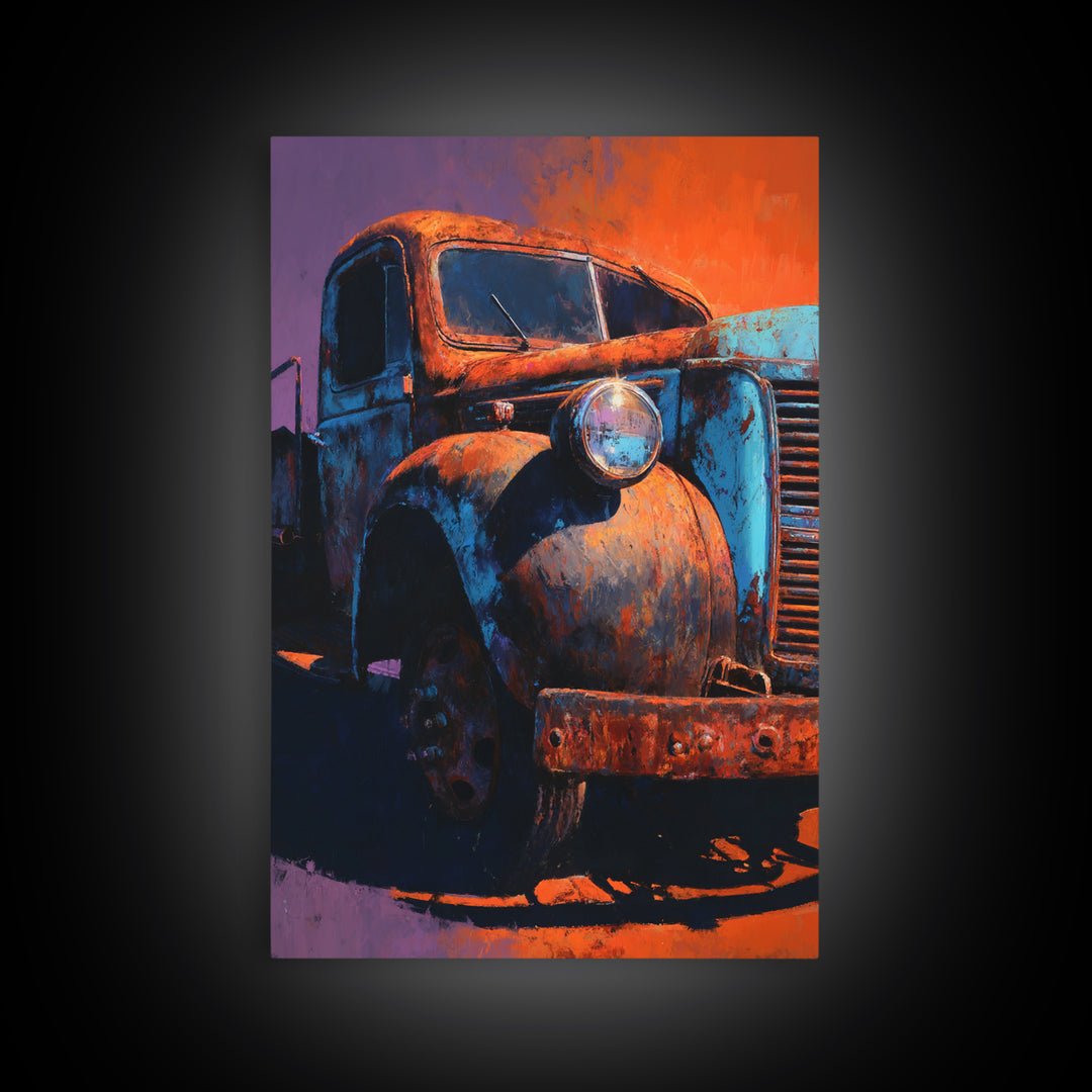 Pickup Truck in Dusty Sunset Light Framed Canvas Print, Garage Art, Metal Art, Garage Decor, Motor, Garage Art Poster Download, GAR-2x3-93