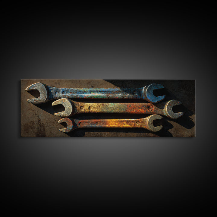 Wrench and Bolts Arranged Like Old Master Framed Canvas Print, Garage Art, Home Decor, Garage Decor, Fine Art, Motor, GAR-3x1-10