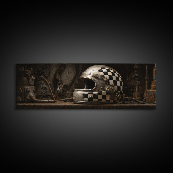 Racing Helmet with Checkered Flag Pattern Framed Canvas Print, Garage Art, Automotive Decor, Garage Decor, Fine Art, Motor, GAR-3x1-12