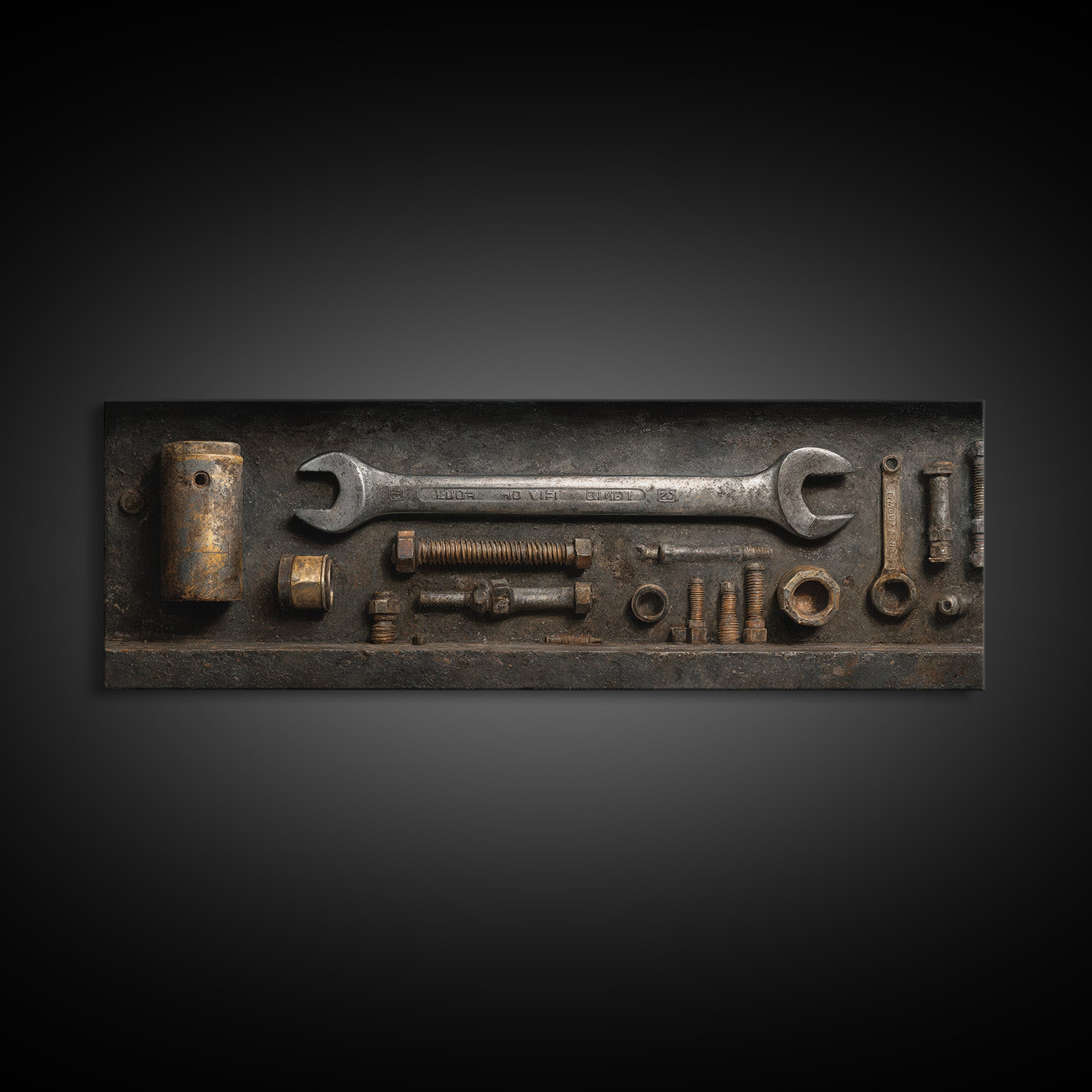 Wrench and Bolts Arranged Like Old Master Canvas Print, Garage Art, Canvas Wall Art, Garage Decor, Abstract Art, Motor, GAR-3x1-34