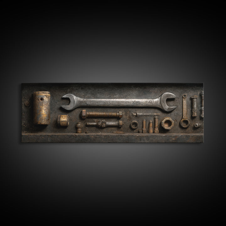 Wrench and Bolts Arranged Like Old Master Canvas Print, Garage Art, Canvas Wall Art, Garage Decor, Abstract Art, Motor, GAR-3x1-34