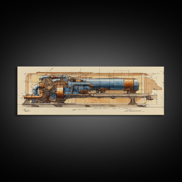 Engine Blueprint Technical Drawing Framed Canvas Print, Garage Art, Decor, Garage Decor, Fine Art, Motor, Car Wall Art, GAR-3x1-51
