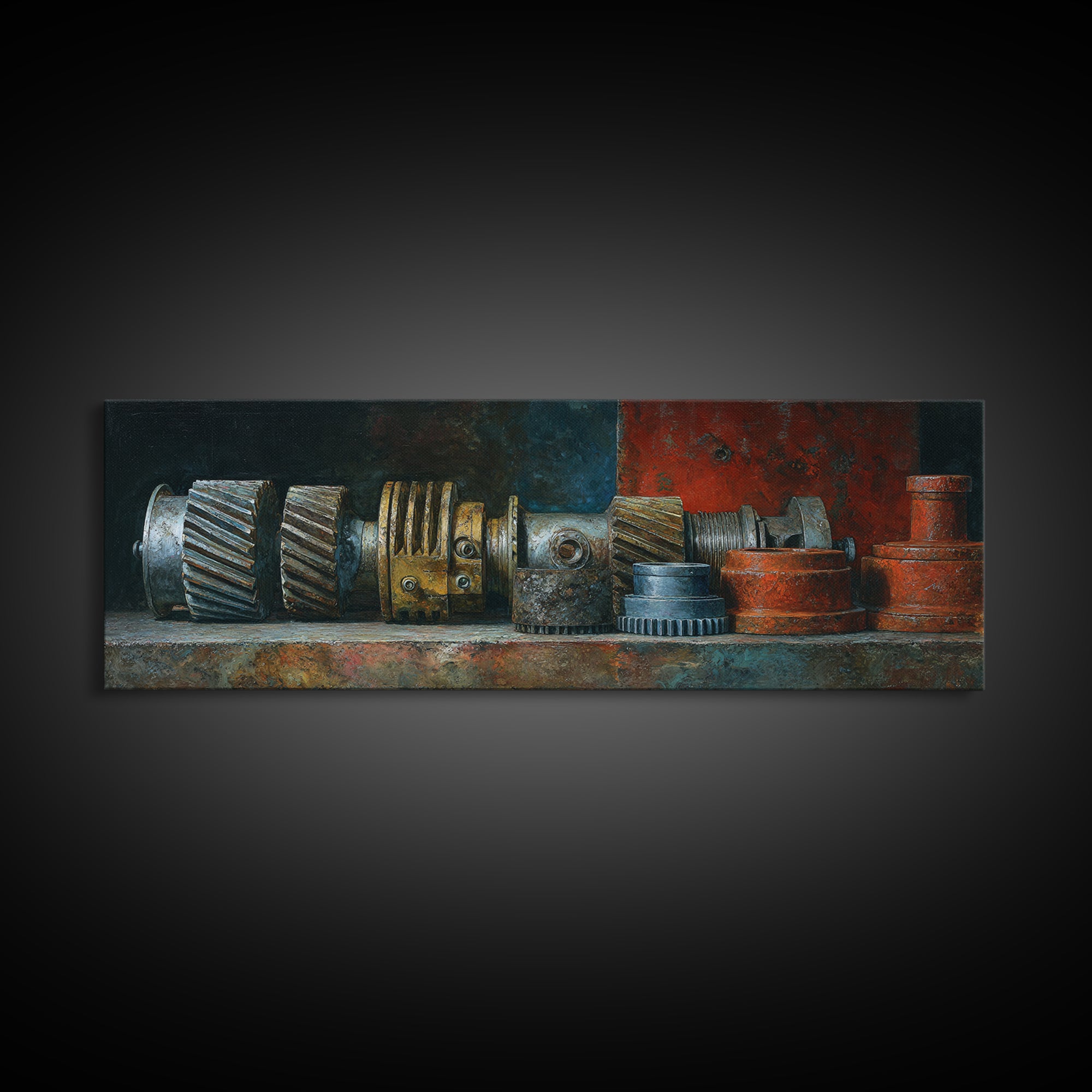 Camshaft and Gears Industrial Still Life Framed Canvas Print, Garage Art, Contemporary Art, Garage Decor, Fine Art, Motor, GAR-3x1-55
