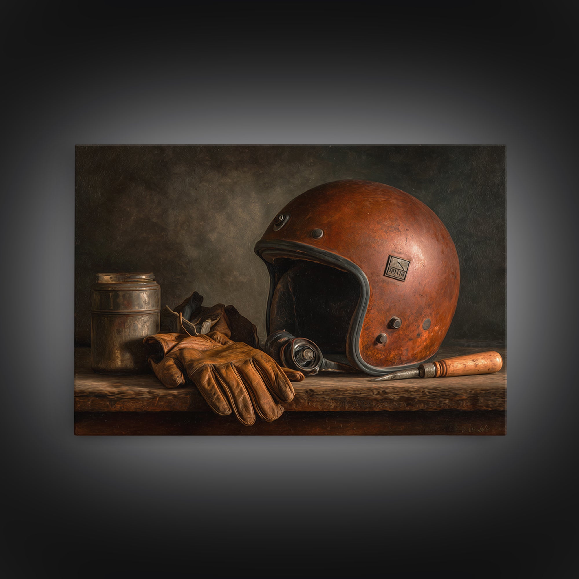 Motorcycle Helmet and Leather Gloves Still Life Canvas Print, Garage Art, Black and White Art, Garage Decor, Motor, Boho Decor, GAR-3x2-13