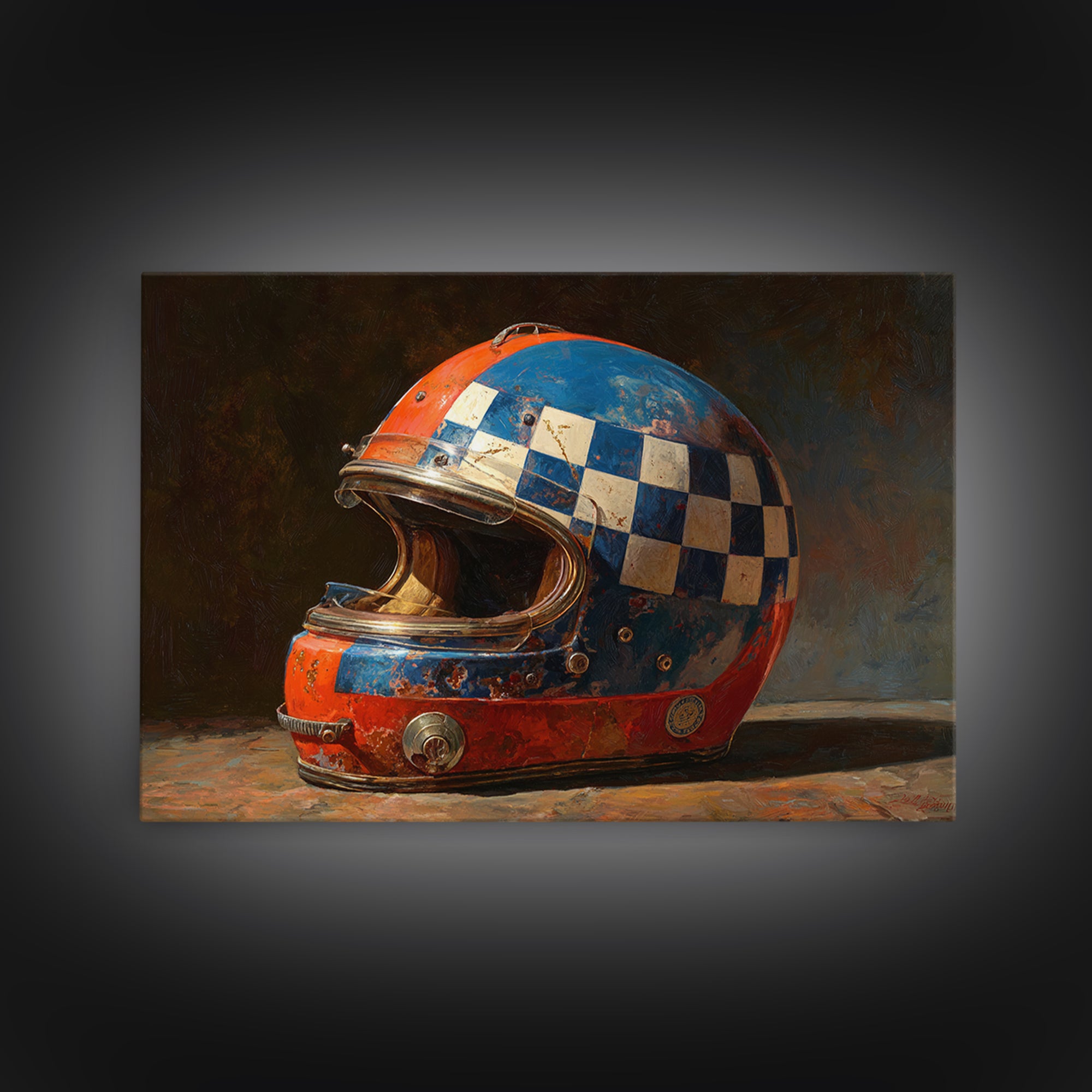 Racing Helmet with Checkered Flag Pattern Framed Canvas Print, Garage Art, Black and White Art, Garage Decor, Fine Art, Motor, GAR-3x2-24