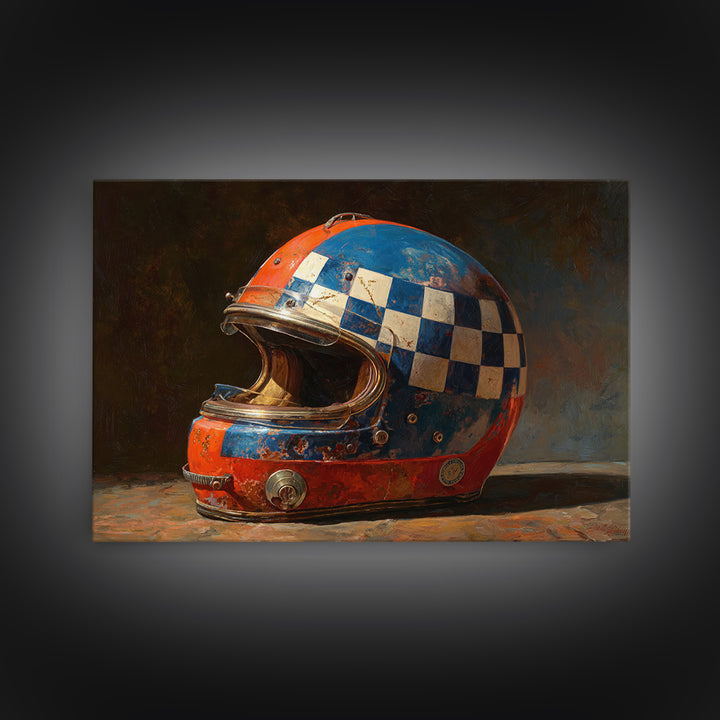 Racing Helmet with Checkered Flag Pattern Framed Canvas Print, Garage Art, Black and White Art, Garage Decor, Fine Art, Motor, GAR-3x2-24