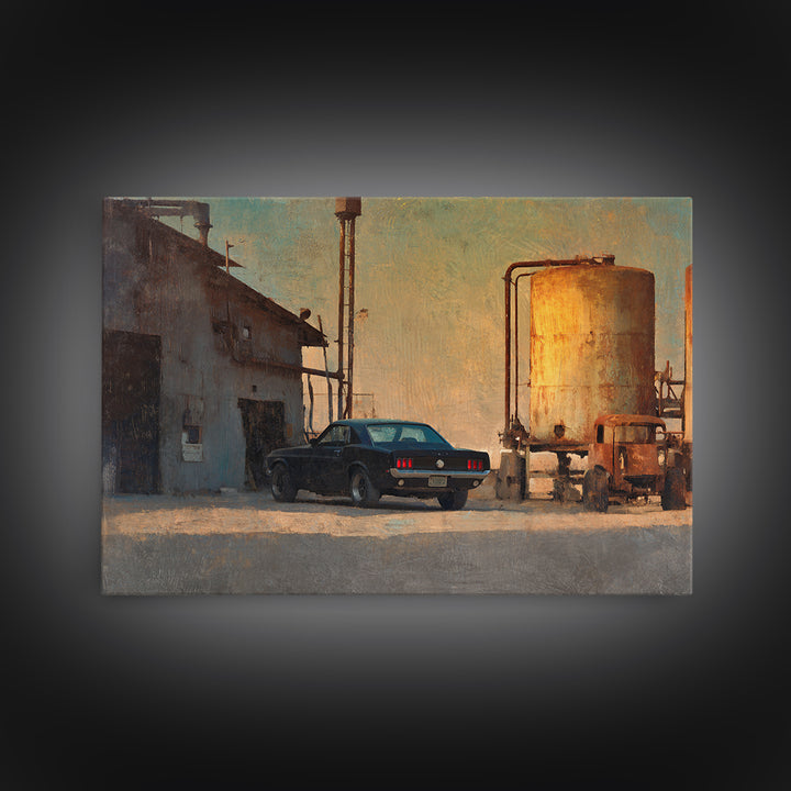 Desert Highway with Muscle Car Silhouette Framed Canvas Print, Garage Art, Game Room Decor, Garage Decor, Fine Art, Motor, GAR-3x2-25