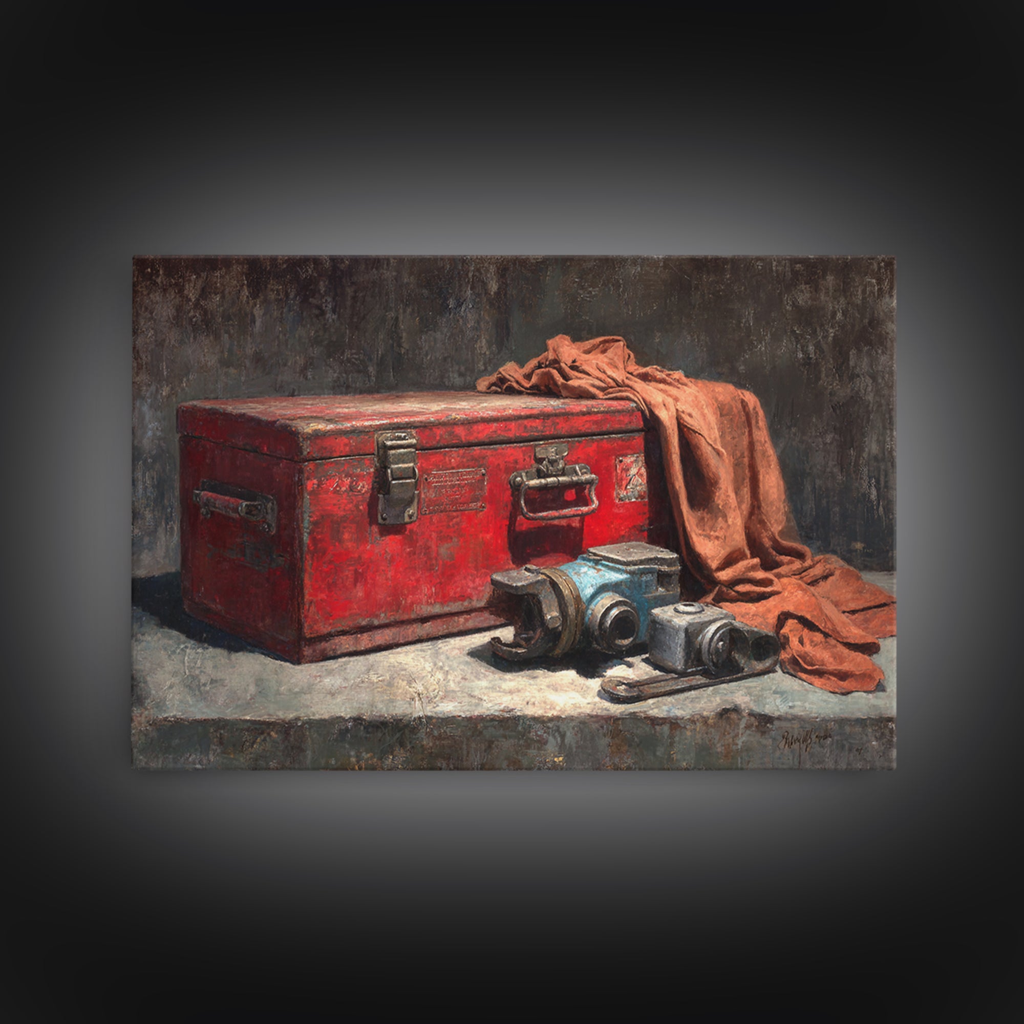 Old Toolbox with Oil Stained Rag Still Framed Canvas Print, Garage Art, Automotive Decor, Garage Decor, Fine Art, Motor, GAR-3x2-31