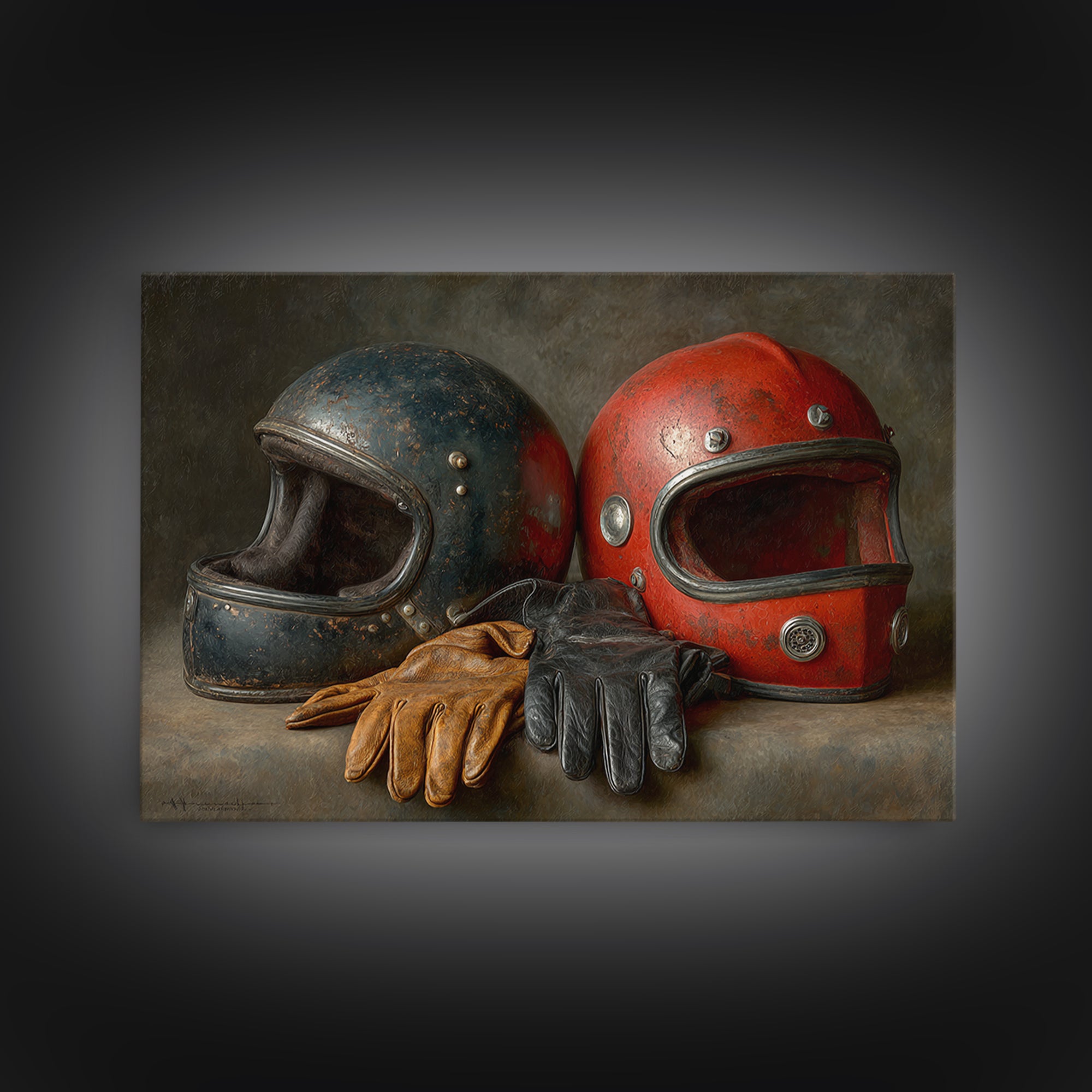 Motorcycle Helmet and Leather Gloves Still Life Canvas Print, Garage Art, Game Room Art, Garage Decor, Oil Painting, Motor, GAR-3x2-37