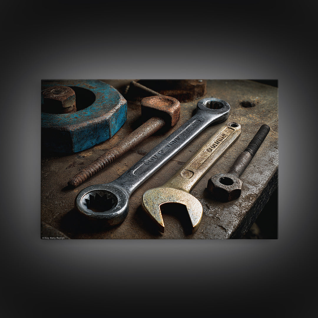Wrench and Bolts Arranged Like Old Master Framed Canvas Print, Garage Art, Car Art, Garage Decor, Motor, Garage Art Poster, GAR-3x2-70