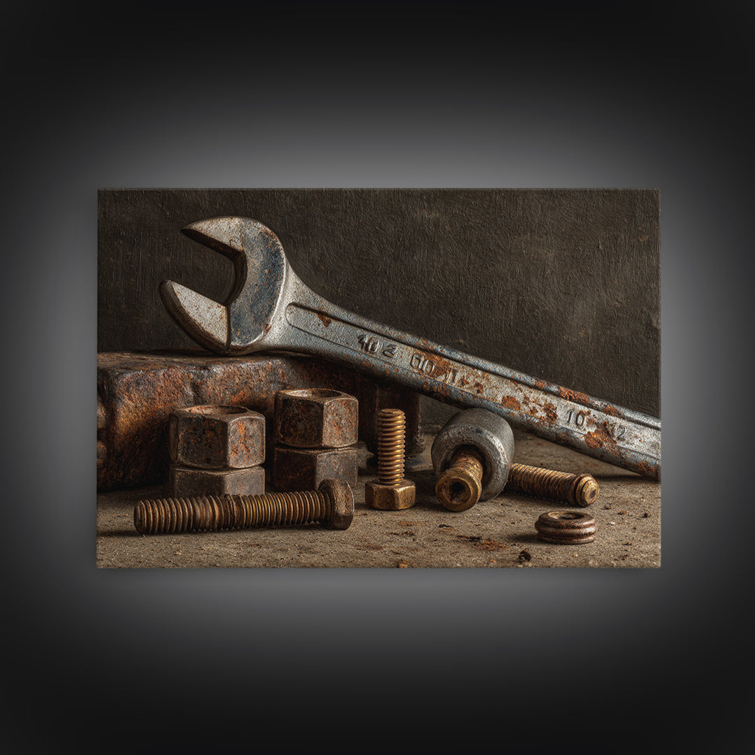 Wrench and Bolts Arranged Like Old Master Canvas Print, Garage Art, Industrial Wall Art, Garage Decor, Abstract Art, Motor, GAR-3x2-94