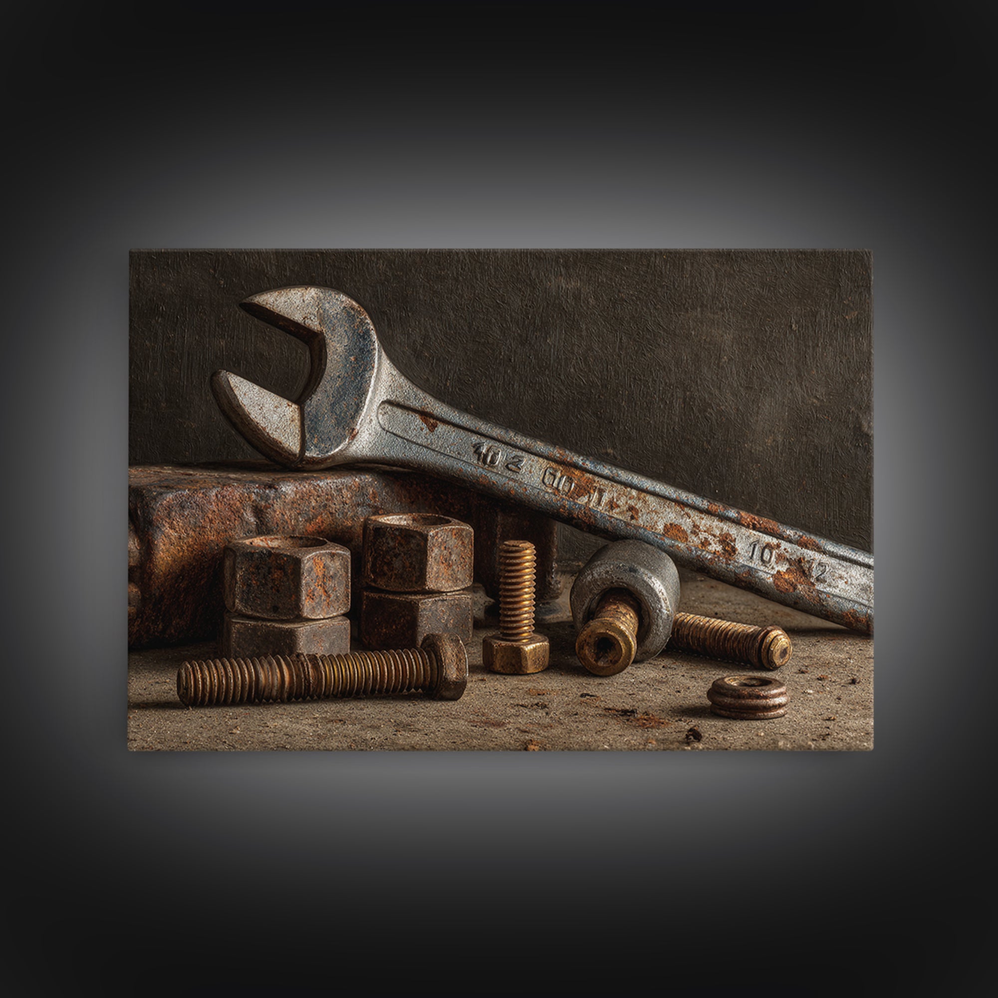 Wrench and Bolts Arranged Like Old Master Canvas Print, Garage Art, Industrial Wall Art, Garage Decor, Abstract Art, Motor, GAR-3x2-94
