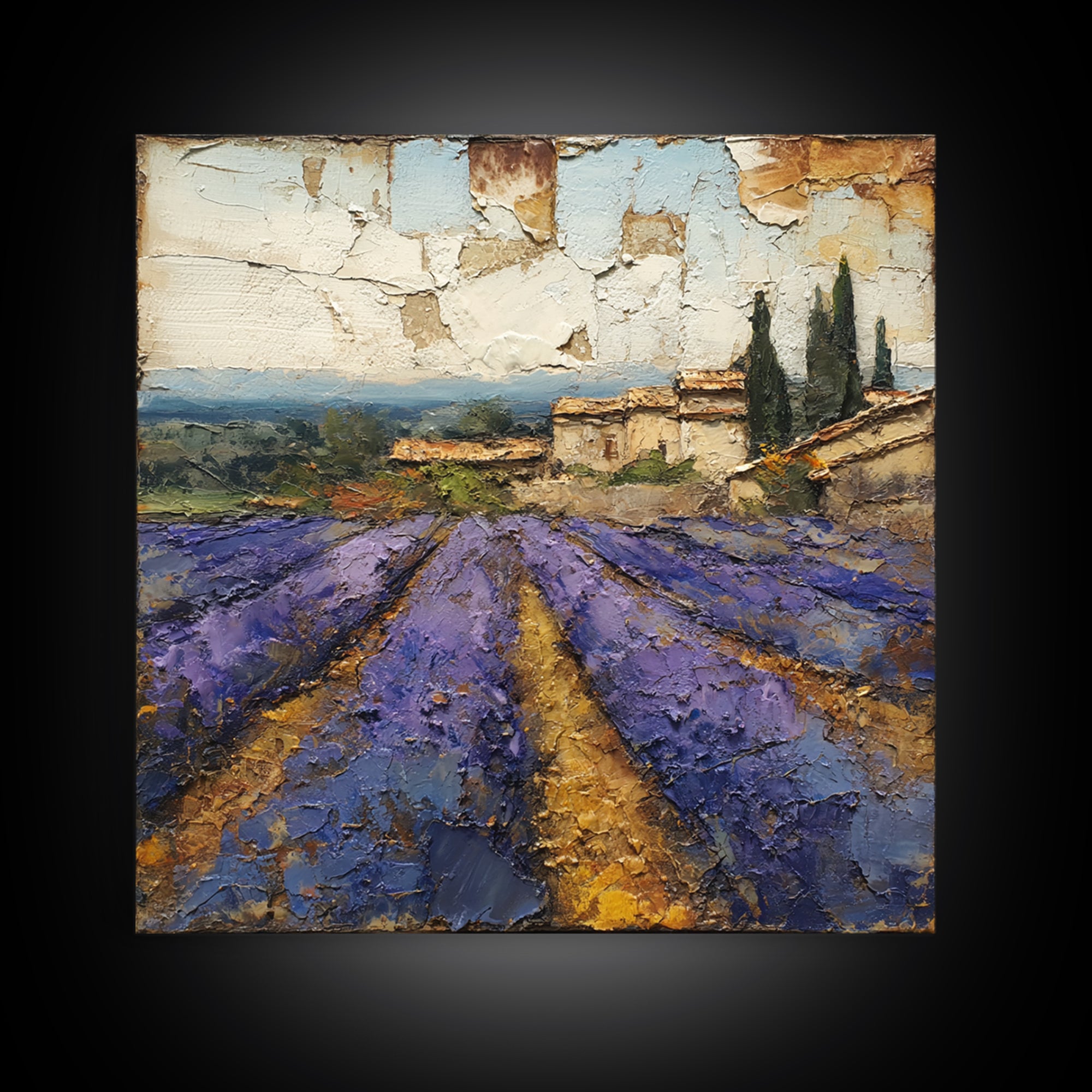 Lavender Field under Pale Sky Framed Canvas Print, Guest Bedroom Art, Bedroom Wall Art, Bedroom Decor, Oil Painting, Guest, GBA-1x1-43