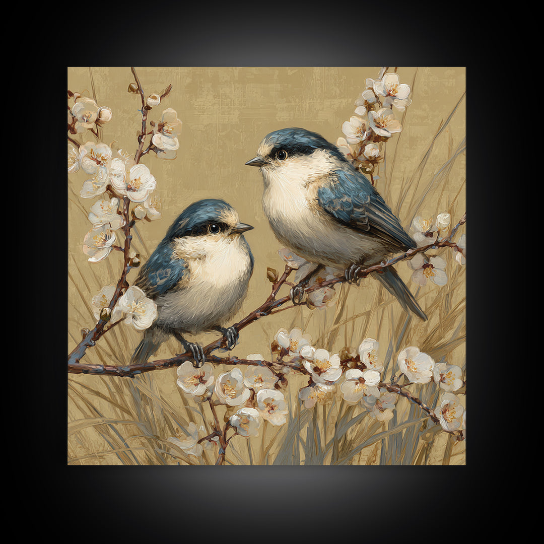 Small Bird Pair on Flowering Branch Framed Canvas Print, Guest Bedroom Art, Living Room Wall Art, Bedroom Decor, Watercolor Art, GBA-1x1-52