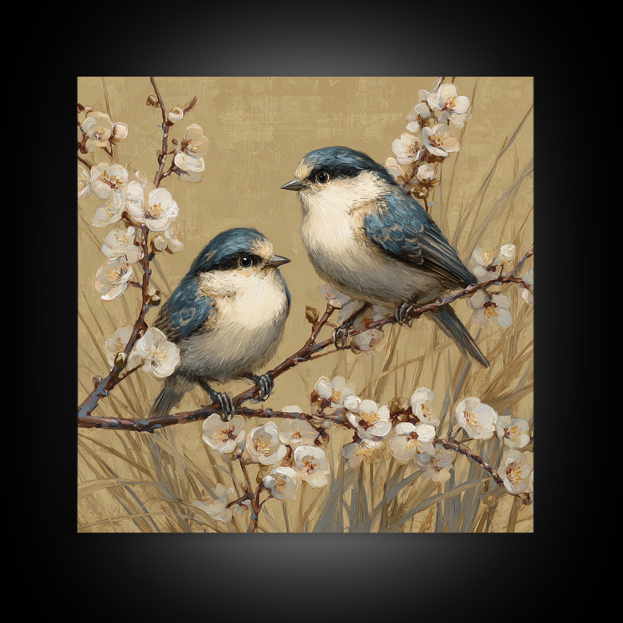 Small Bird Pair on Flowering Branch Framed Canvas Print, Guest Bedroom Art, Living Room Wall Art, Bedroom Decor, Watercolor Art, GBA-1x1-52