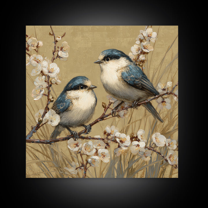 Small Bird Pair on Flowering Branch Framed Canvas Print, Guest Bedroom Art, Living Room Wall Art, Bedroom Decor, Watercolor Art, GBA-1x1-52